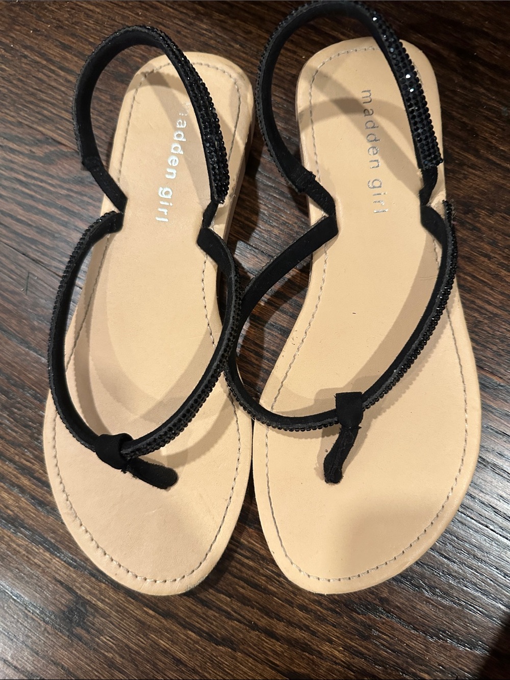 Madden Girl Black Sequin Thong Sandals with Tan Footbed